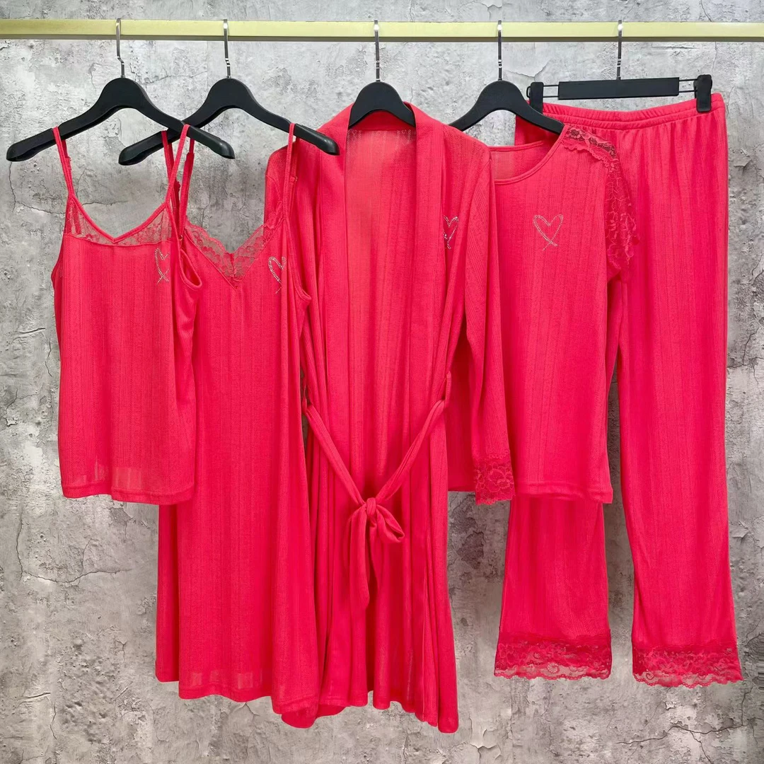 红色性感蕾丝吊带睡衣家居服套装高级五件套本命夏季