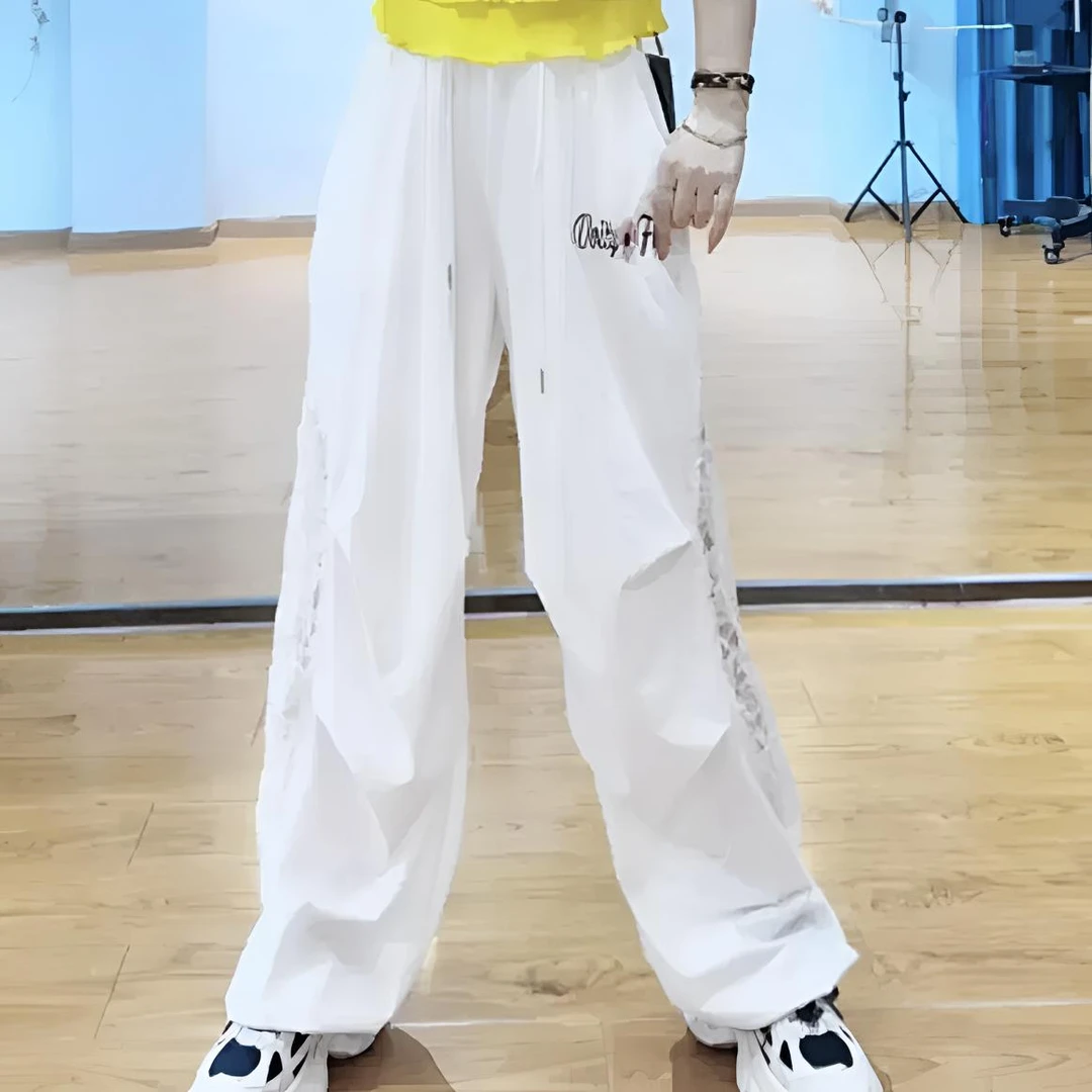 长裤潮流蕾丝拼接薄款直筒阔腿伞兵裤显瘦百搭时尚宽松白色夏季