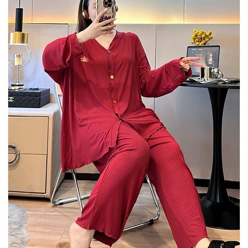 2-300斤大码睡衣女2025秋款长袖V领宽松套装加大加肥可外穿胖MM