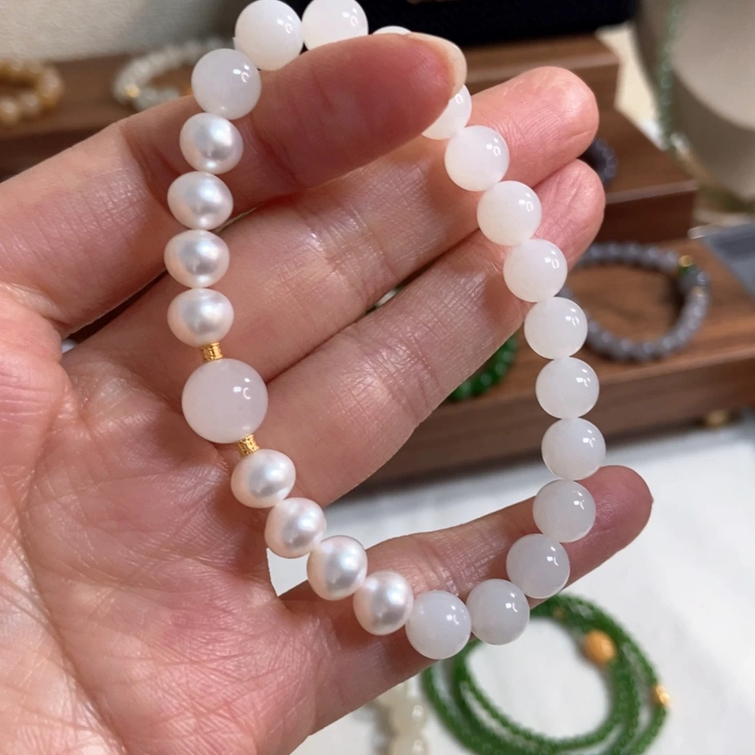 和田玉手链银S925镶嵌8mm白玉