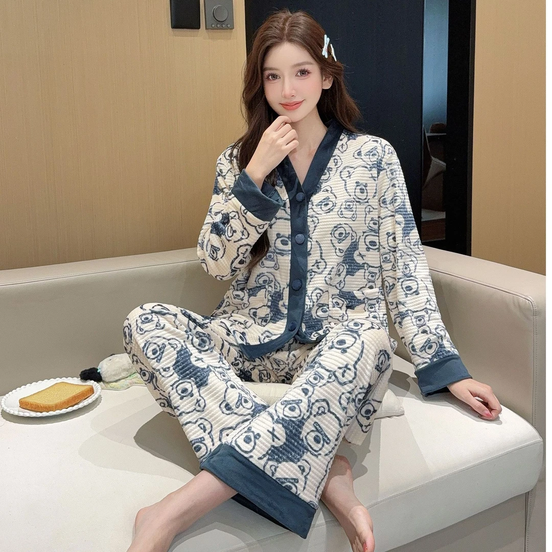 新款【机器熊-米粒】V领新款海岛绒睡衣女秋冬薄款家居服舒适套装