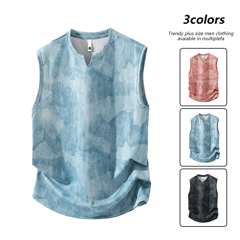 V领背心短袖夏季新款男士个性薄款运动休闲宽松加大加肥T恤大码潮