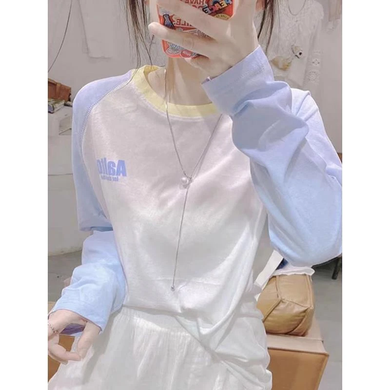 插肩袖长袖t恤女春秋薄款新款时尚宽松防晒罩衫字母撞色上衣