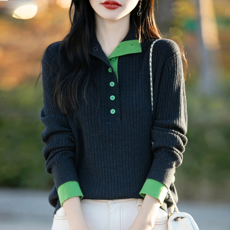 2025春秋新款立领半开扣假两件针织衫女拼色复古抗条时尚宽松上衣