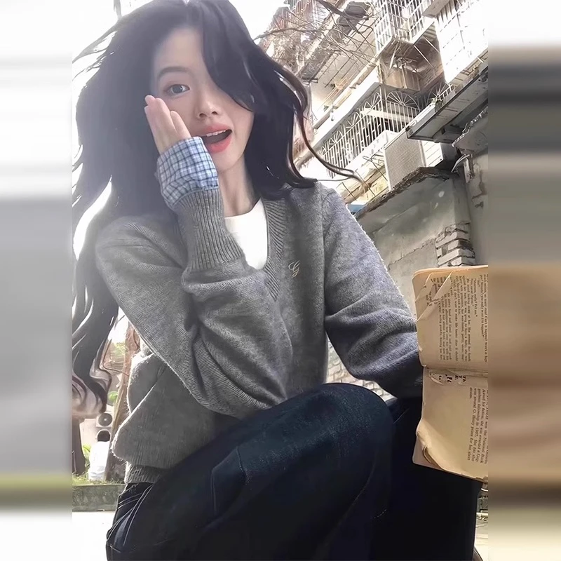 灰色慵懒风假两件毛衣女秋冬新款韩系高级感内搭打底舒适针织衫