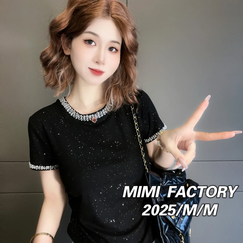 芈芈2025新款欧货小衫时尚满天星短袖T恤女收腰褶皱显瘦上衣3256#