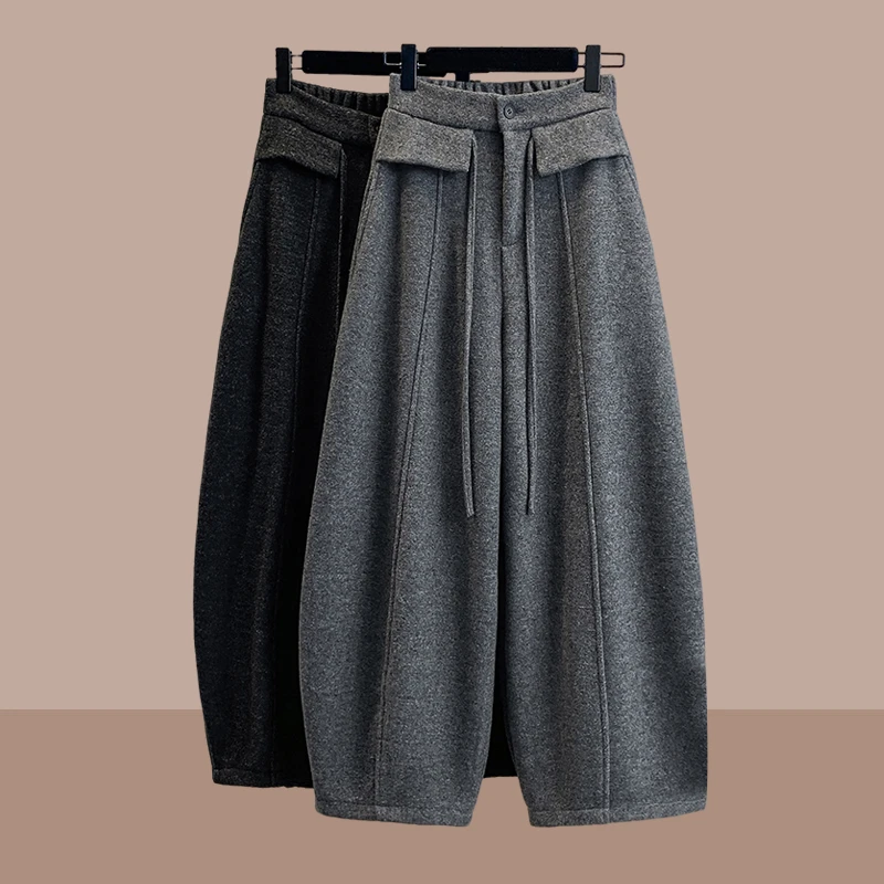 秋冬加绒加厚毛呢休闲裤女2025新款时尚高腰洋气百搭气球阔腿裤子