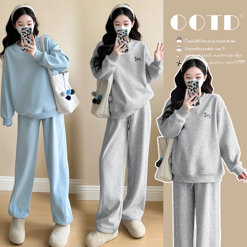 2025秋冬纯棉加绒加厚孕妇套装显瘦刺绣气质洋气时尚孕妇两件套冬