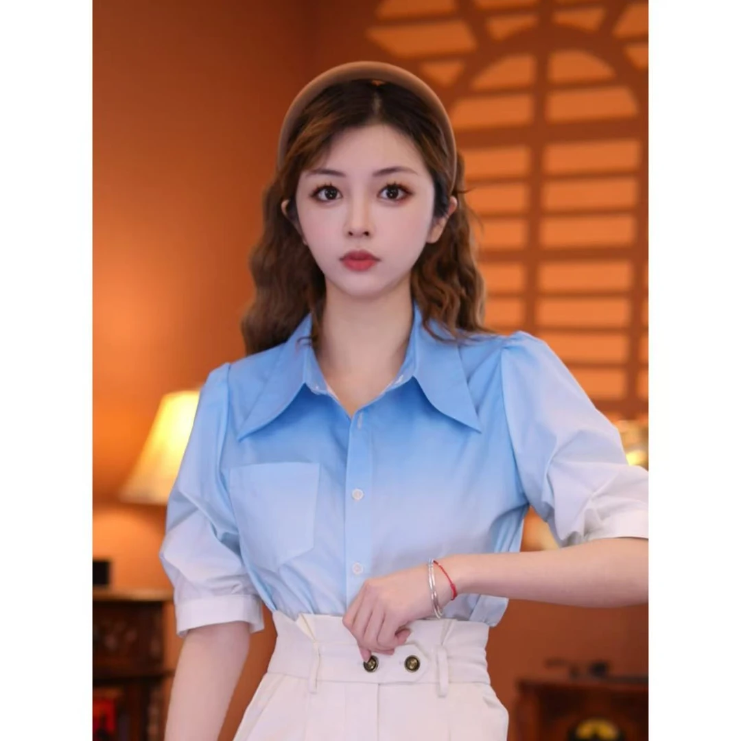 乐乐【渐变天空】港味复古时尚气质短袖上衣01833