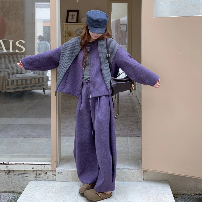 舒适显瘦气质时髦显高两件套秋冬韩系穿搭呢子外套冬季裤女气套装