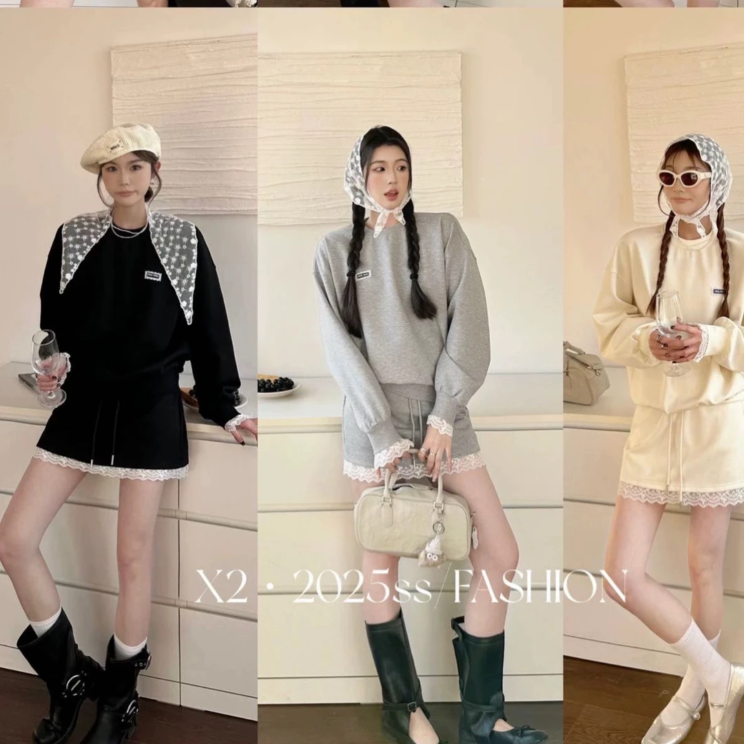 时尚休闲通勤长袖卫衣搭配蕾丝拼接短裙套装