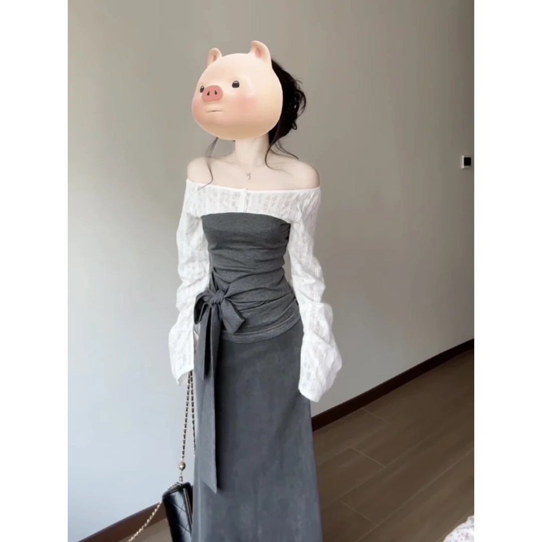 韩系蝴蝶结绑带设计长袖t恤女春季别致气质收腰假两件超好看上衣