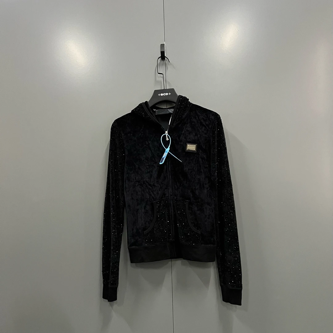 95新 maje yy phlipp 黑丝绒水钻徽标连帽外套 S码007156