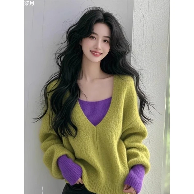 拼接假两件V领毛衣女装秋冬季大码胖mm漂亮好看多巴胺针织衫上衣