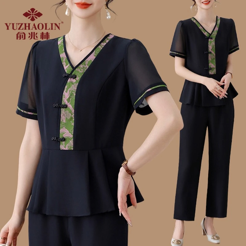 新中式妈妈夏装雪纺衬衫洋气中老年女夏季短袖套装两件套国风上衣