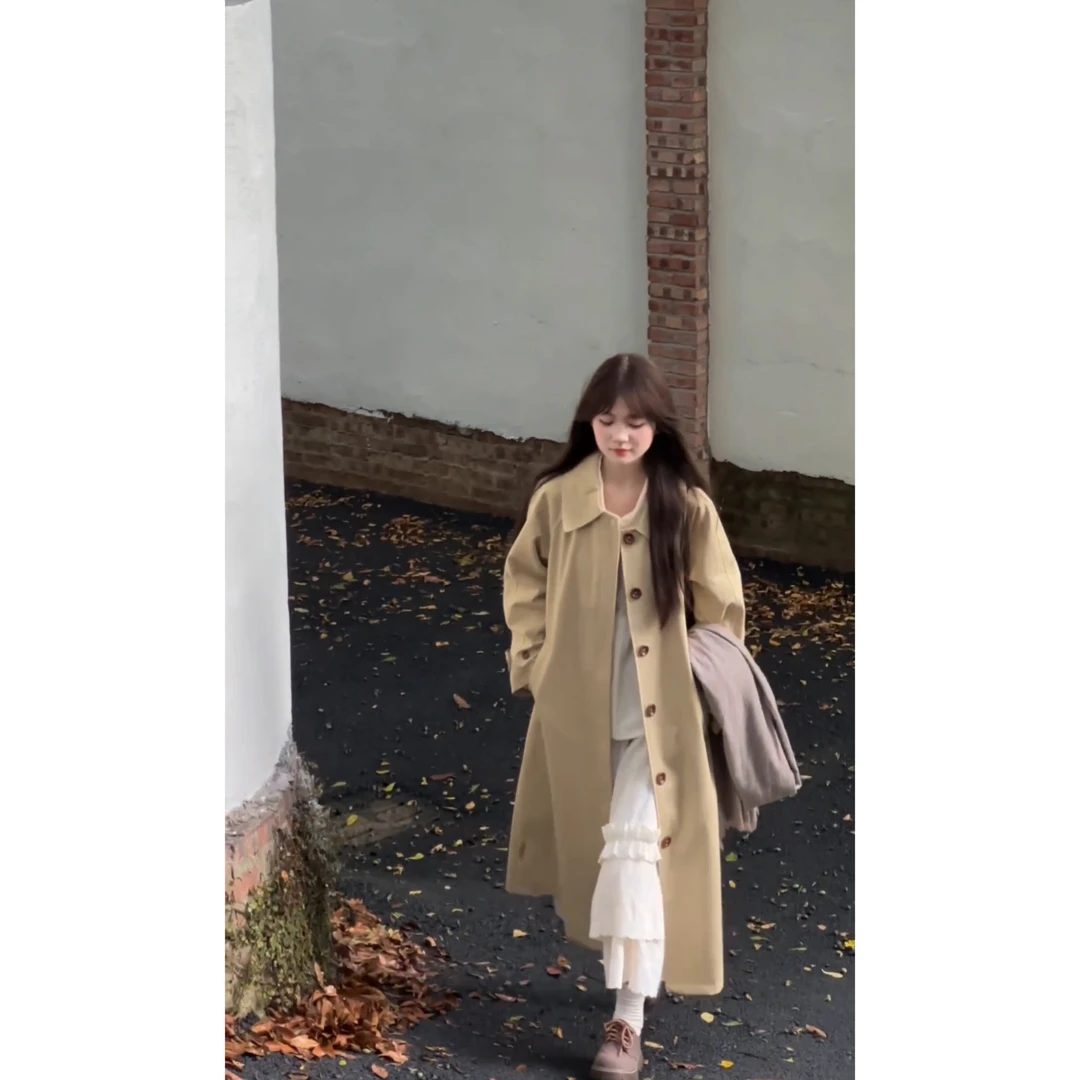 浅卡其色休闲风衣外套春秋季女高级感廓形中长款气质过膝大衣