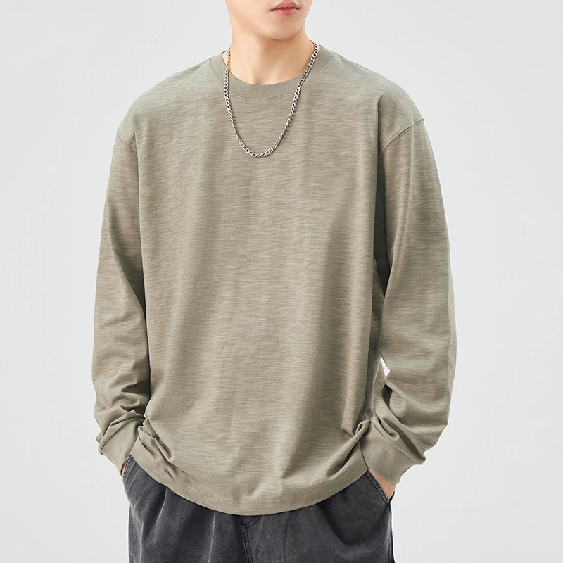 高端美式重磅230g竹节棉长袖t恤男春秋季宽松纯棉打底衫百搭体恤T