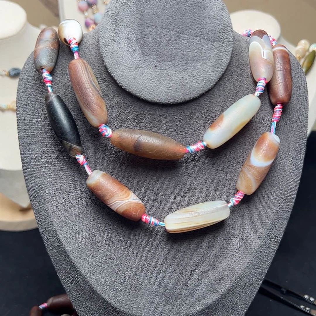 玛瑙/玉髓合金珠宝半成品w303 13*38m 老树皮皱皮玛瑙天珠