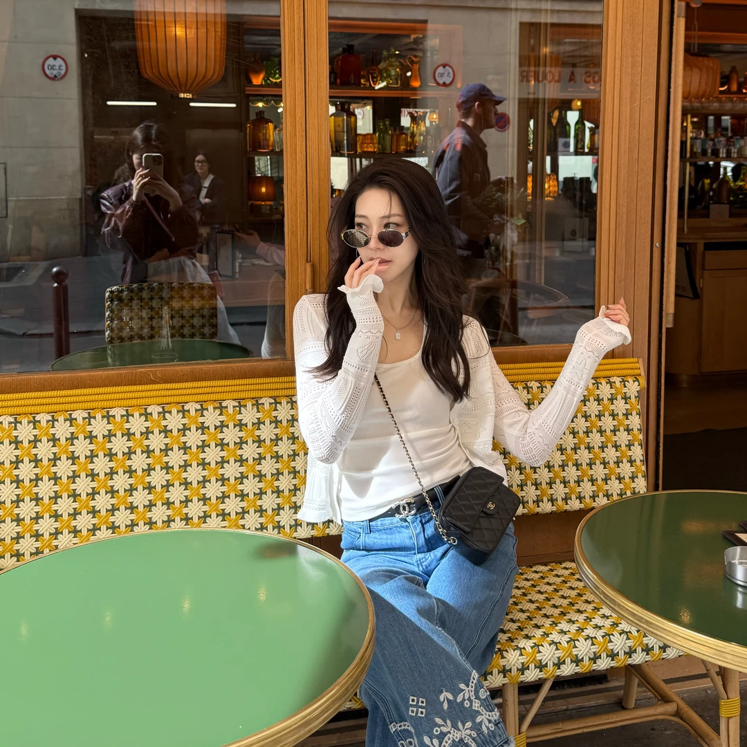 王嬛嬛MsLime25年春款【浪花】时尚百搭白色毛织上衣 HD2A1330