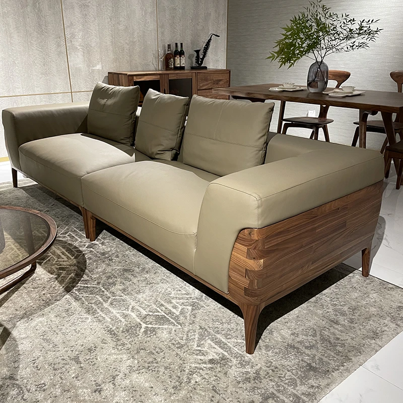 新中式北美黑胡桃木小户型实木真皮沙发2025新款四人位客厅组合