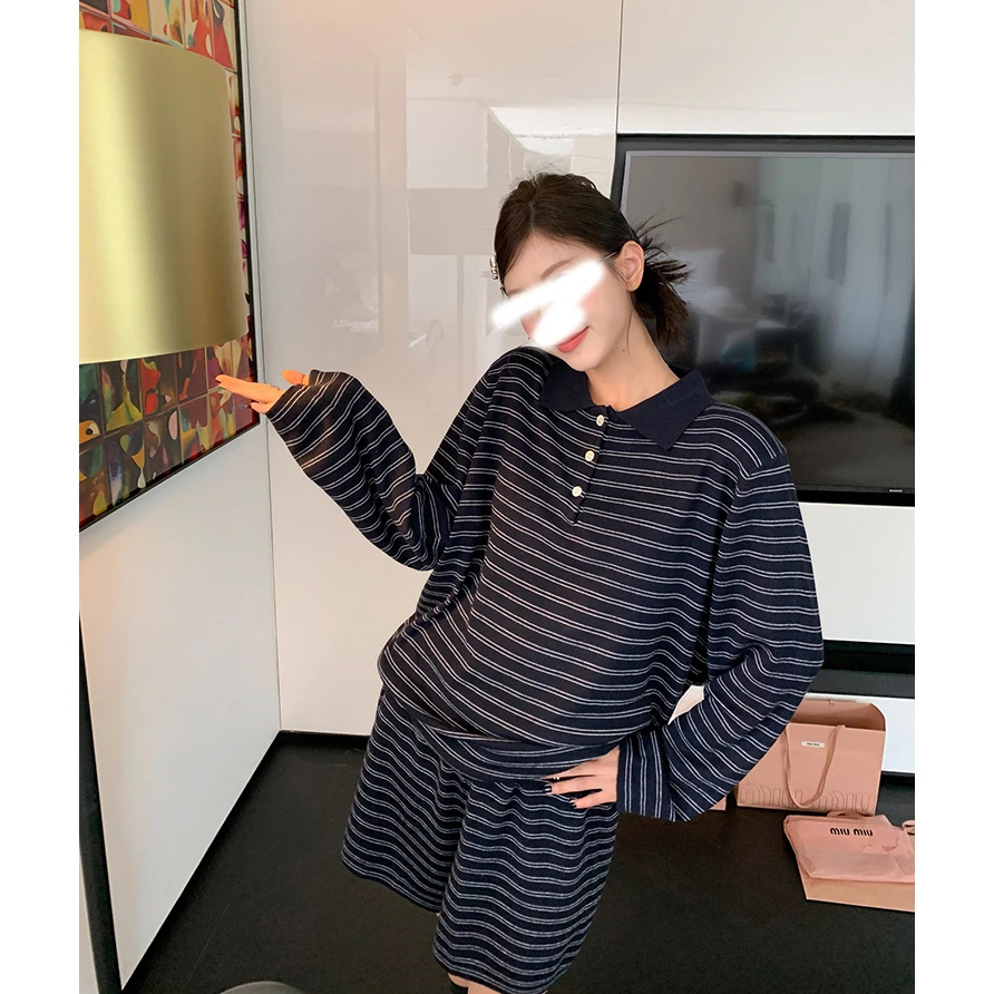 【繆系港女】一套入懒人穿搭Polo条纹针织套装百搭休闲慵懒风毛衣女
