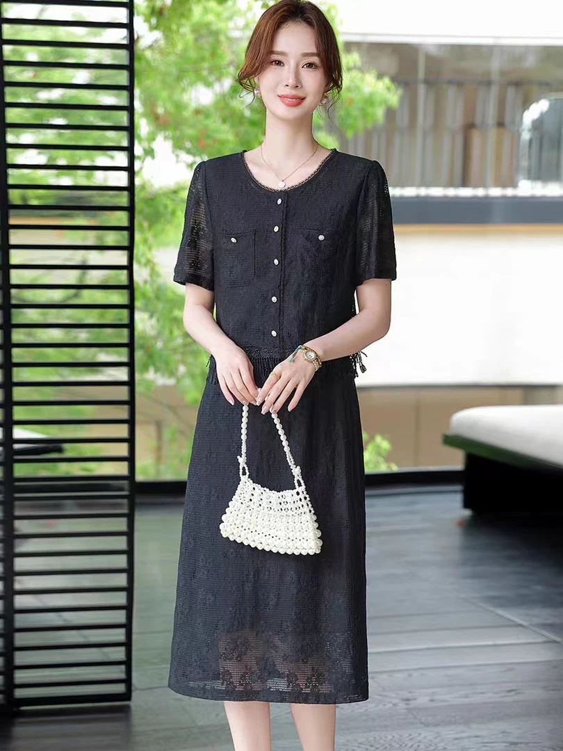 F0752025夏季新款妈妈小香风流苏假两件短袖黑色连衣裙裙子高档女