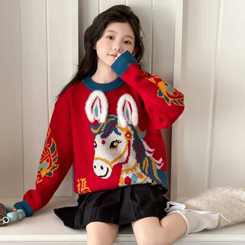 女童红色毛衣冬装2026马年爆款女大童加厚针织衫女孩本命年衣服潮