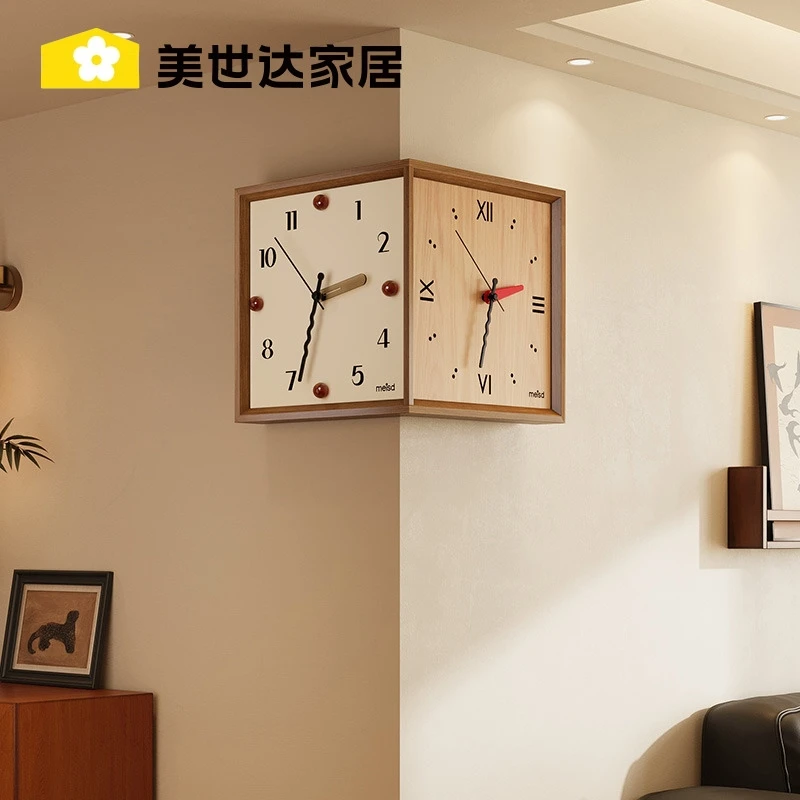 美世达中古风转角时钟实木创意挂钟客厅简约复古拐角双面钟表挂墙