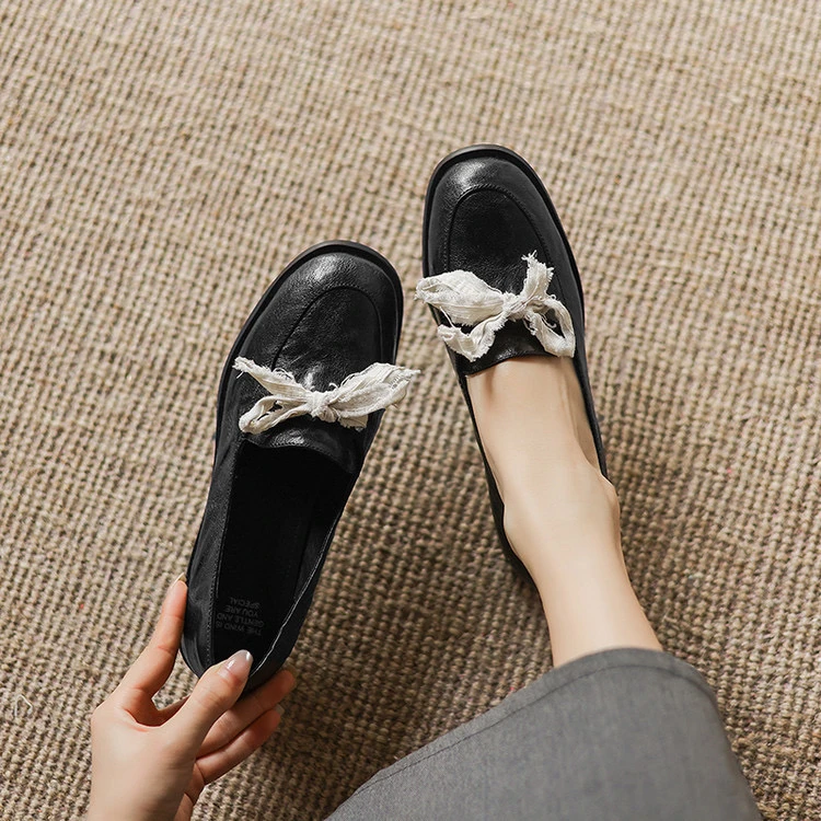 里外纯皮～头层羊皮3.5cm圆头复古低跟百搭舒适女浅口单鞋春秋时尚