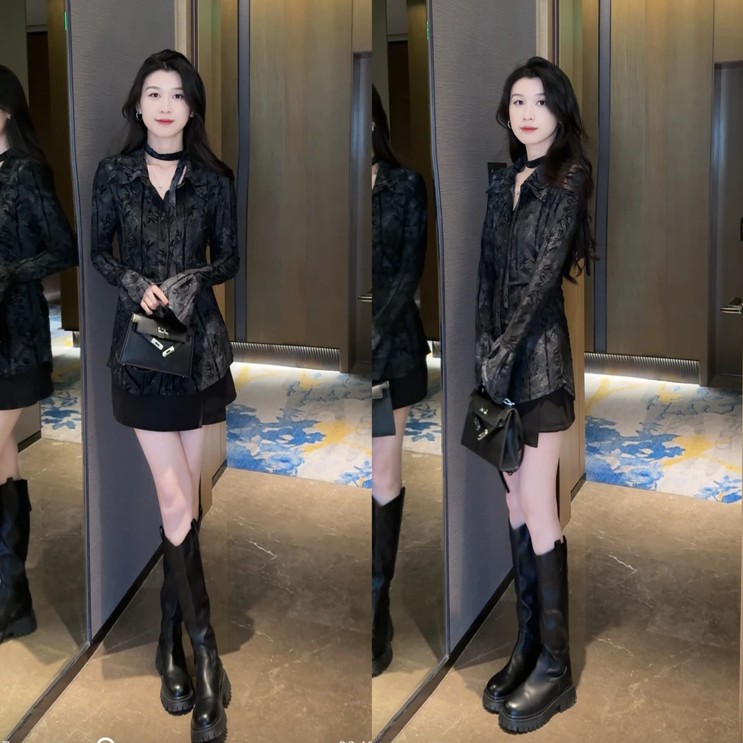 新款墨绿小众气质时尚长袖高级显瘦衬衫+短裙套装两件套