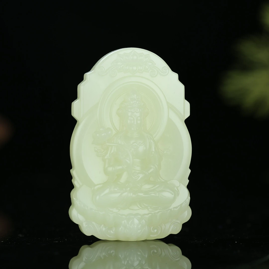 【人之初臻品】收藏和田玉若羌柠檬黄度母静坐莲花宝座精雕观音吊坠
