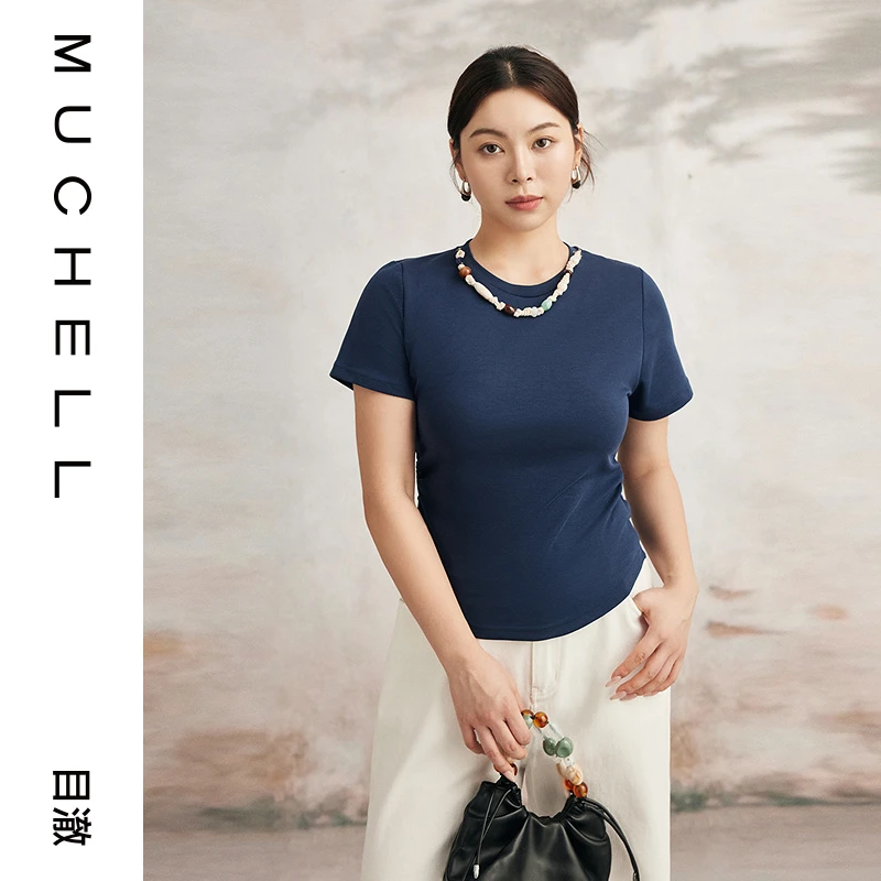 目澈MUCHELL夏季新款【烟花雨】编绳串珠收腰大码修身T恤MDS3YD1028