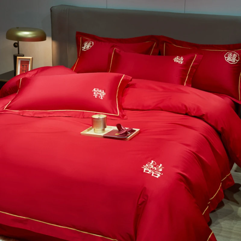 水星家纺适用中式长绒棉全棉婚庆四件套纯棉大红结婚被套刺绣床品