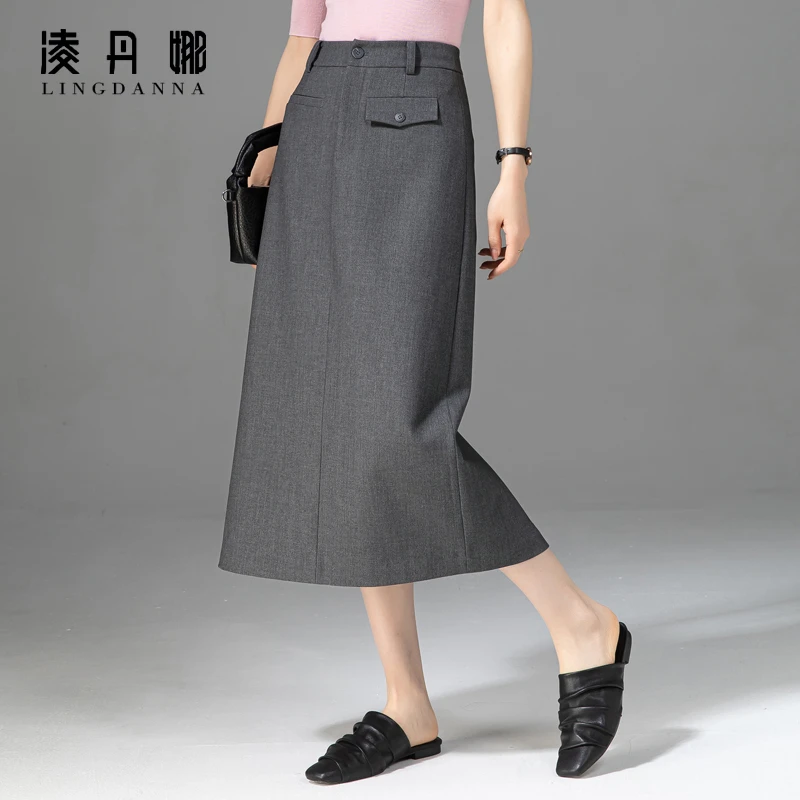 西装半身裙女2025春季新款气质a字直筒裙显瘦高腰中长款开叉裙子