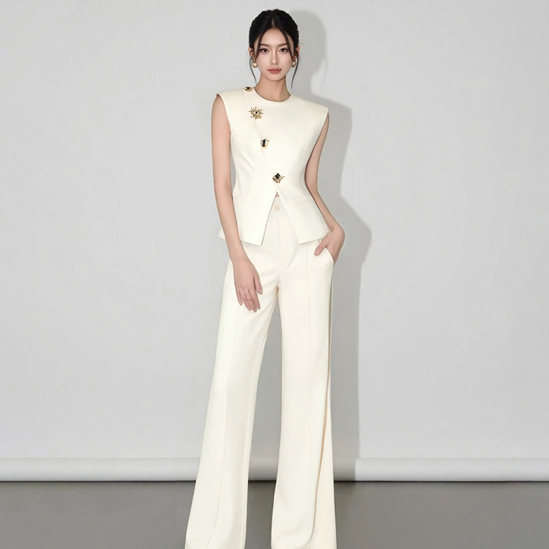 2025年U领无袖上衣小香风轻奢高腰阔腿休闲裤时尚套装SHBZW651865