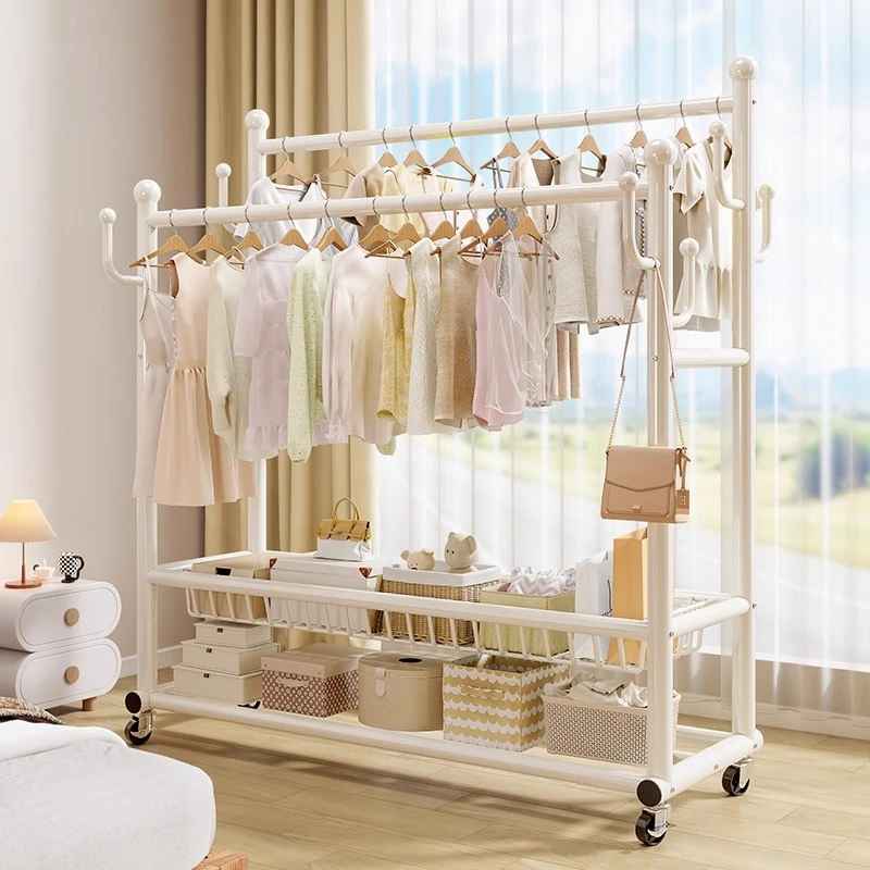 简约现代挂衣架卧室落地带轮衣帽架多功能可移动家用挂衣服置物架