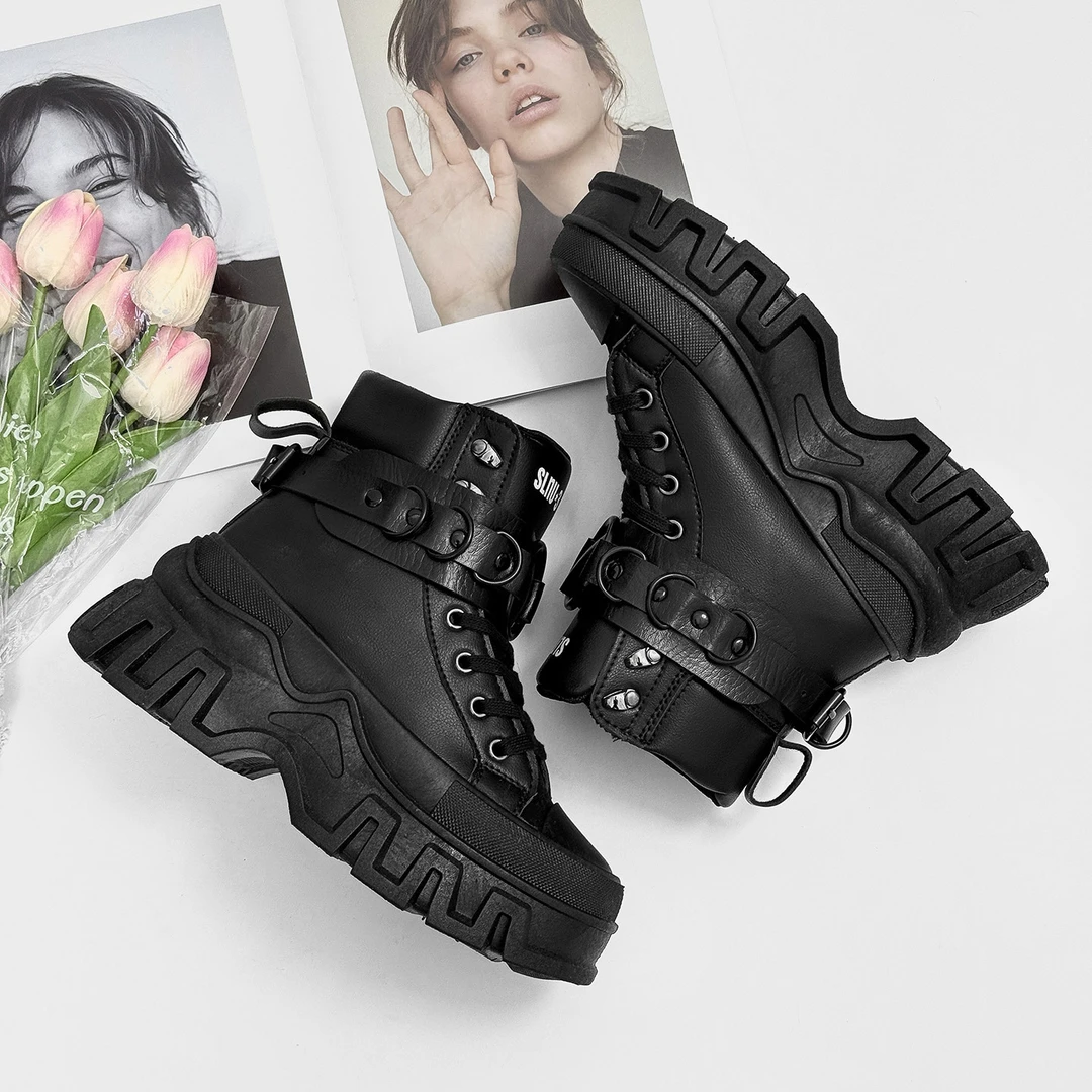 2025秋冬新款朋克风高帮鞋子男百搭厚底增高皮鞋休闲情侣工装潮鞋