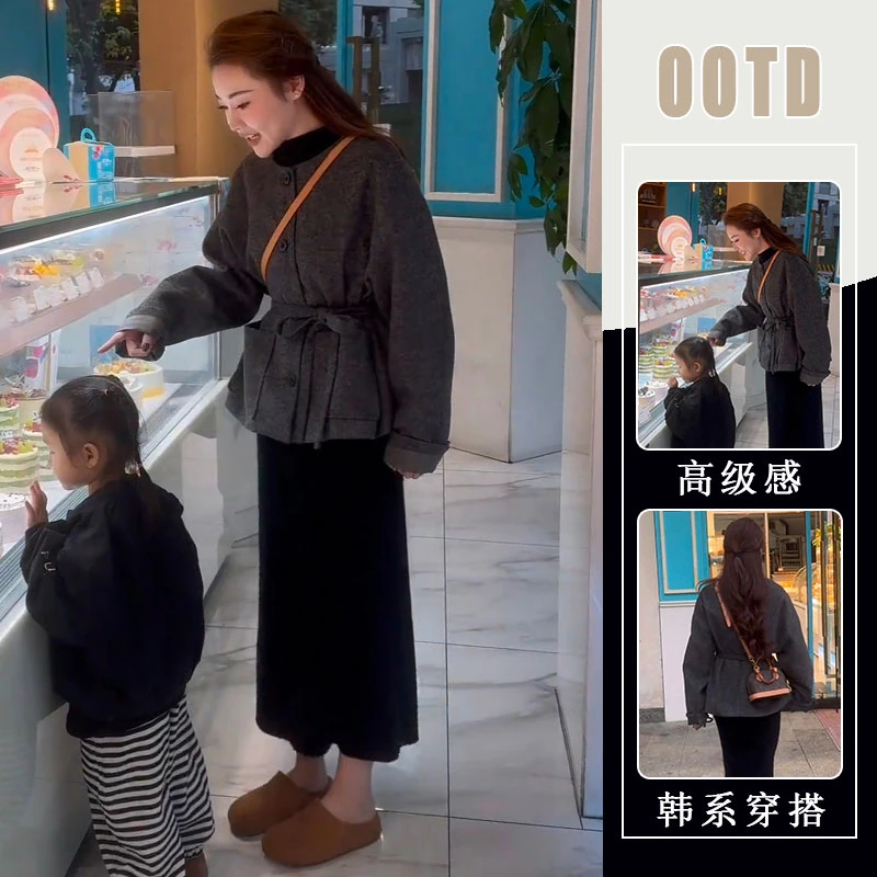 极简风灰色小个子中长款系带呢子外套女秋季减龄百搭半身裙两件套