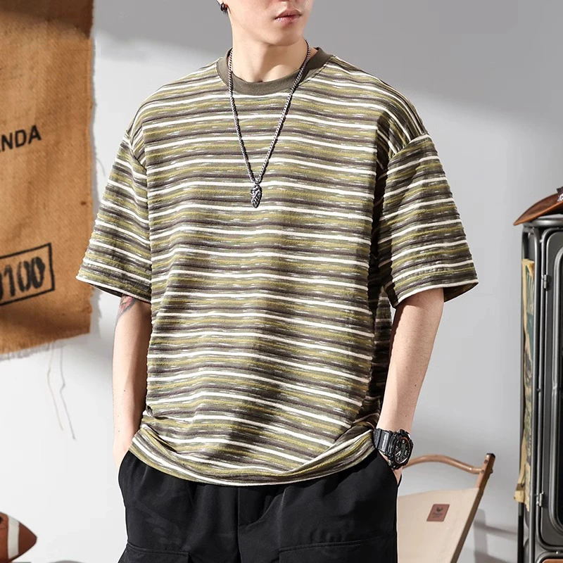 Cebrodz夏季美式复古条纹撞色短袖T恤男士圆领宽松半袖上衣半袖