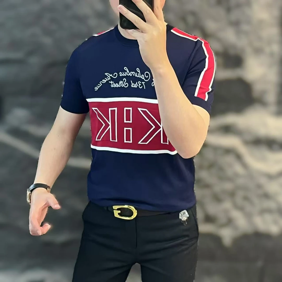 新款高端男士潮流百搭个性字母圆领拼色休闲短袖T恤6003