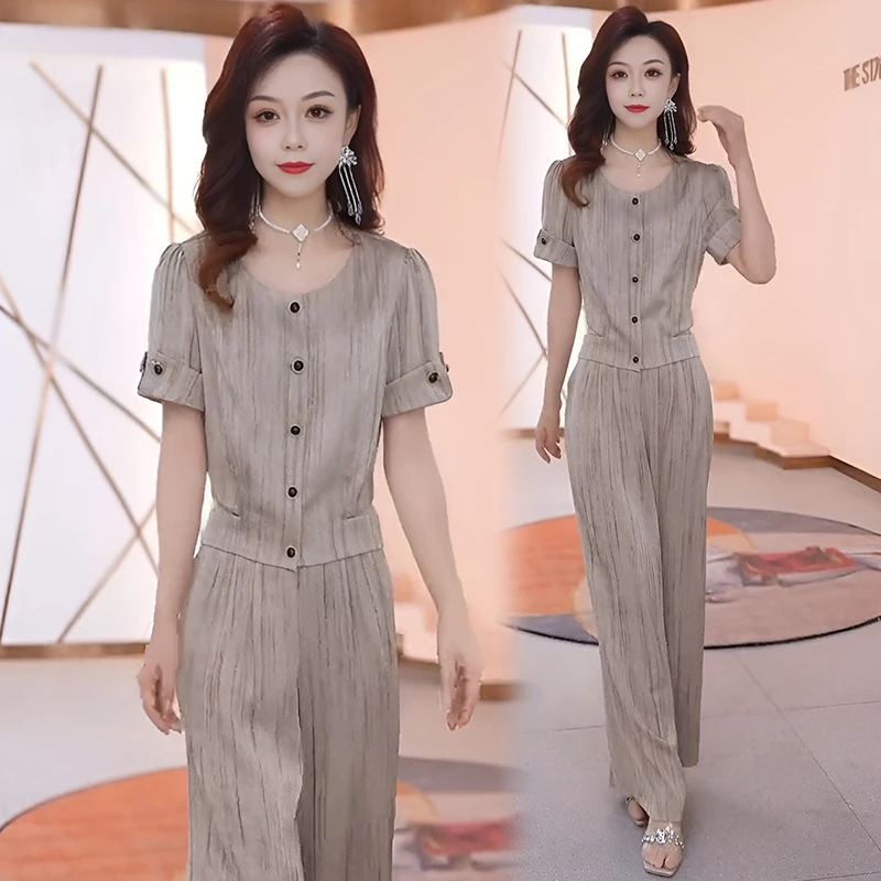 时尚套装女2025夏季新款洋气显瘦冰丝短袖夏季夏季短袖阔腿A字型