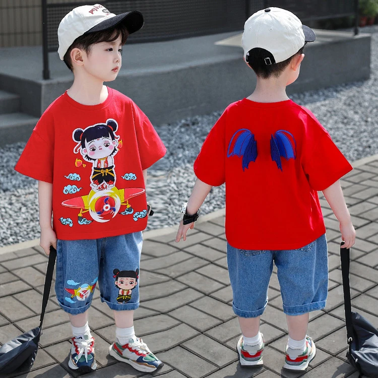 男童男孩子哪吒套装夏装新款夏儿童休闲夏季卡通宝宝男童衣服