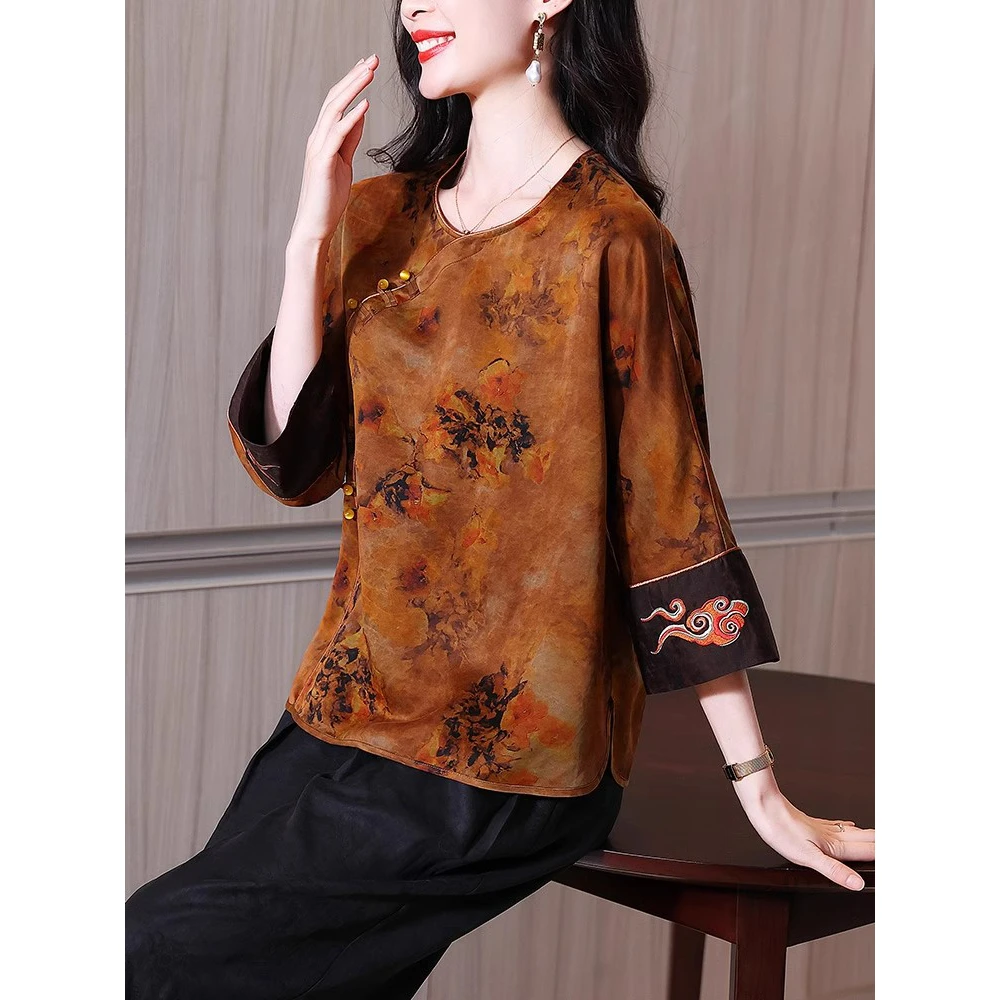 2025重磅真丝香云纱女圆领祥云刺绣七分袖中式桑蚕丝t恤衬衫
