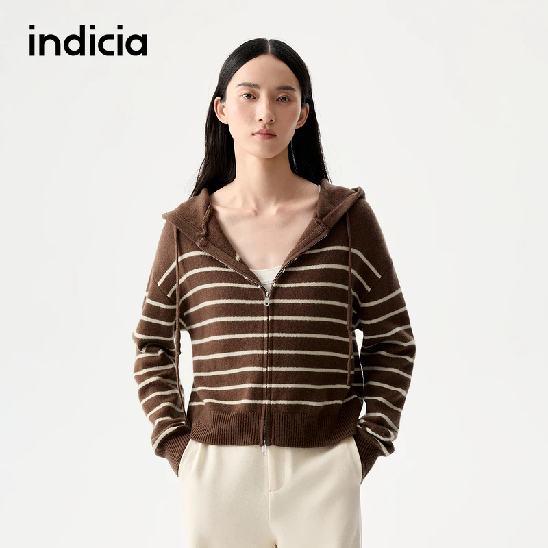 indicia标记25秋新款韩系慵懒感条纹针织连帽开衫L2C5KS175