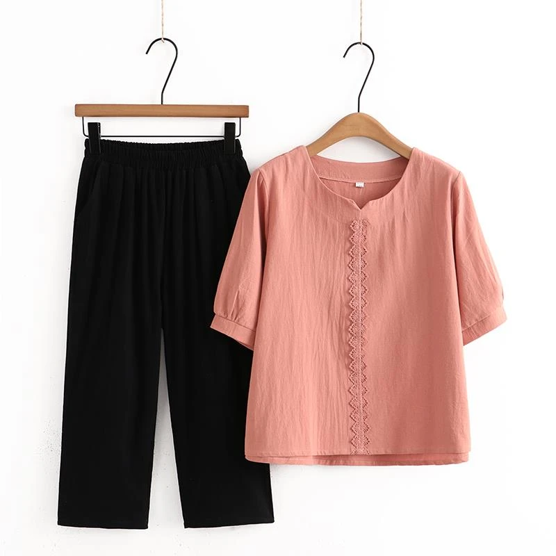 FAVMARTHA妈妈夏装棉麻套装中老年女装时尚洋气短袖t恤衫上衣新款