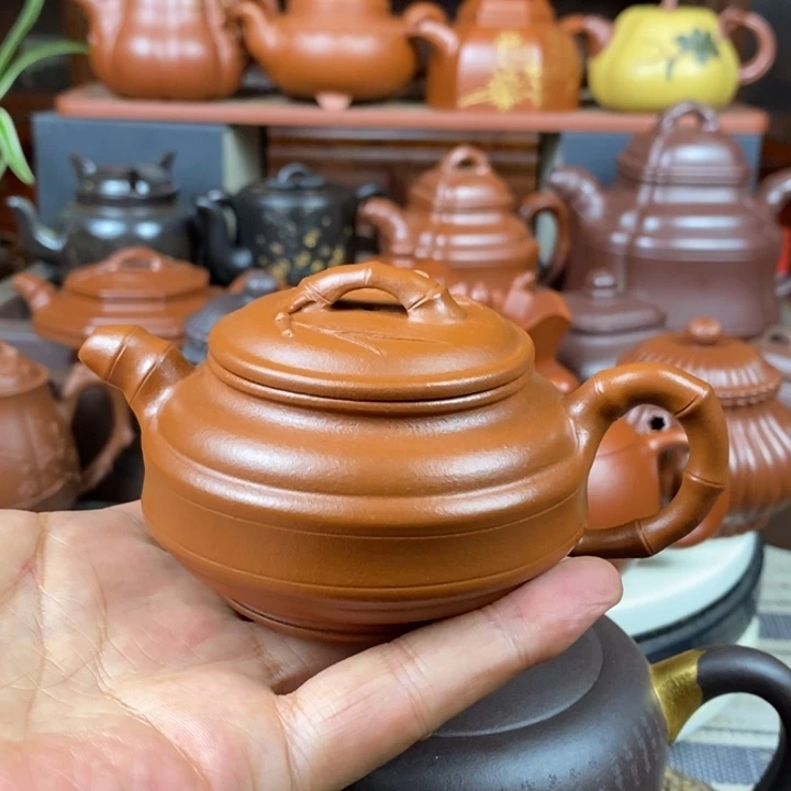 紫砂茶壶双线竹鼓150cc原矿赵庄朱泥特价