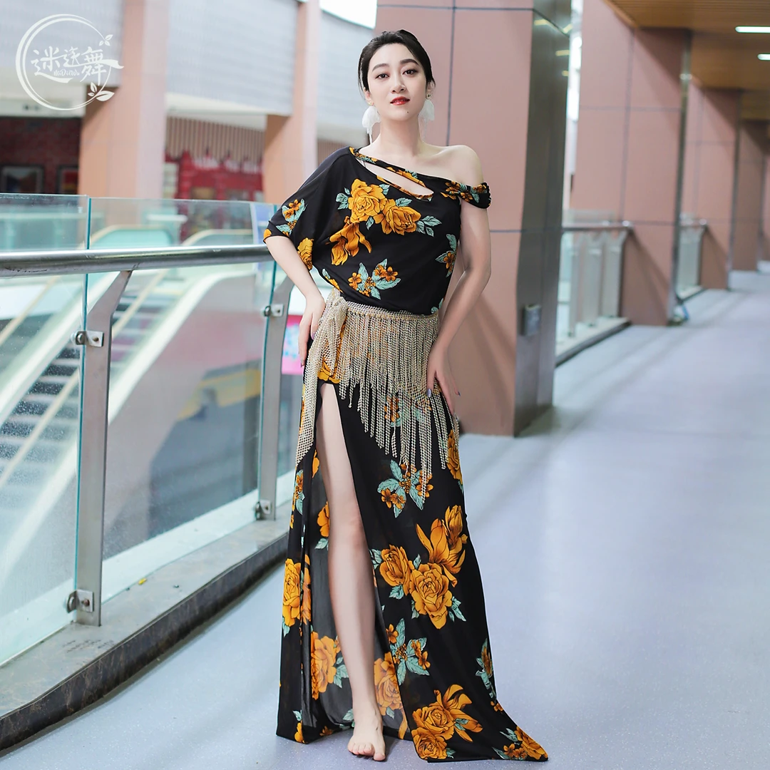 迷迭舞原创新款肚皮舞服装连衣裙水纱印花东方舞蹈表演服开叉连体