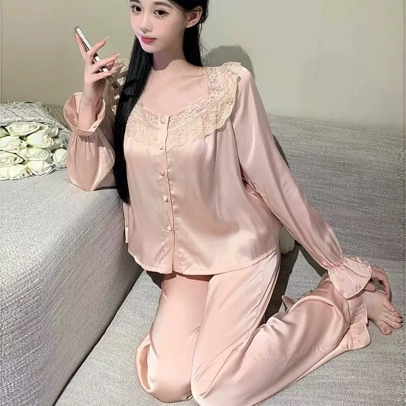 香槟粉冰丝睡衣女2025秋季新款蕾丝甜美风长袖家居服