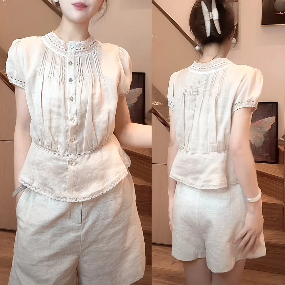 轻熟小众不撞款套装女夏季蕾丝新款泡泡短袖衬衫休闲短裤子两件套