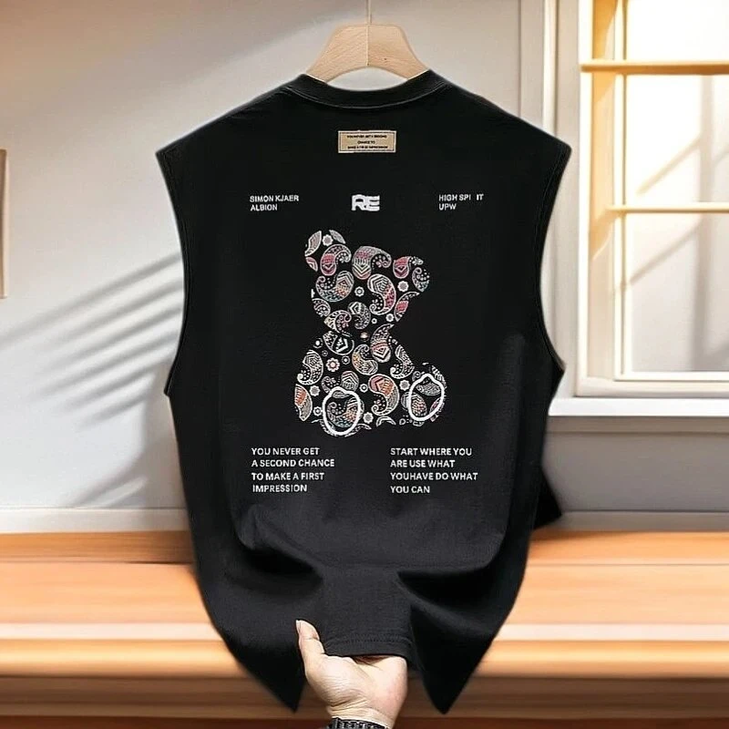 仓石一树美式无袖背心男痞帅腰果熊印花夏季圆领休闲坎肩上衣内搭